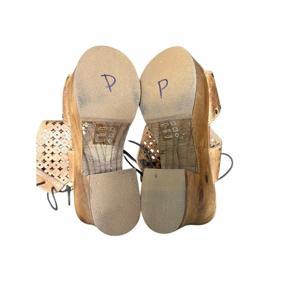 BED|STU Mali Cutout Leather Lace‎ Up Platform Wood Heel Sandals 6.5